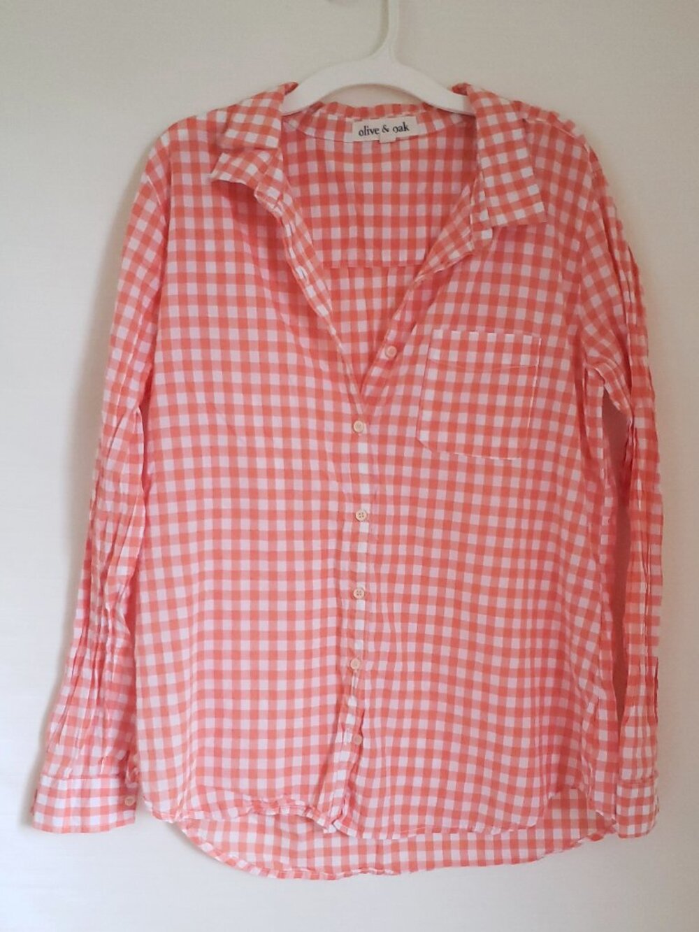 Olive & Oak button peach gingham button up blouse in peach EUC womens Large